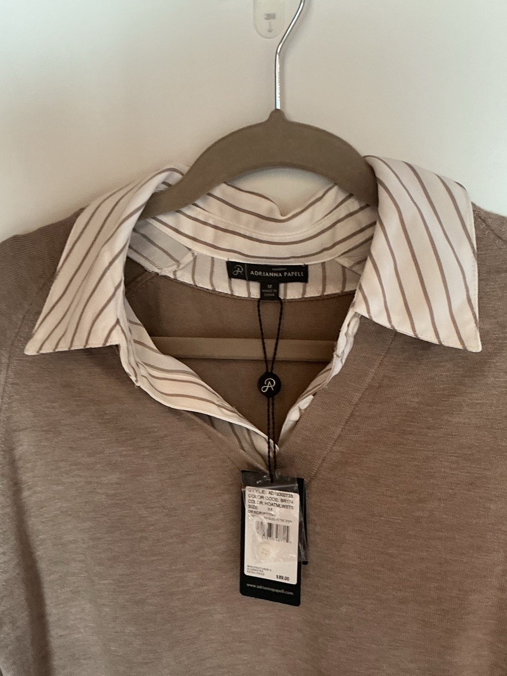 Adrianna Papell Women’s Layered Look Shirt - Light Brown, White Stripe Collar